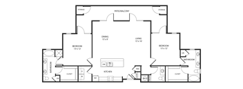 Two Bedroom Two and a half Bathroom Floorplan 1468