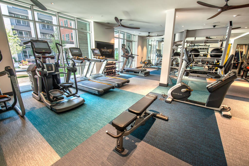 Fitness center with cardio and strength machines and wall mounted television