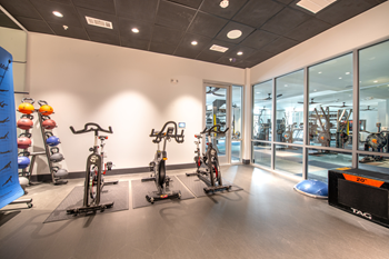 Fitness center with spinning bikes, kettlebell rack and jump box