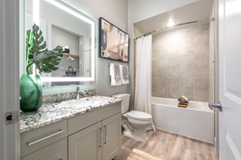 Staged bathroom with granite countertops, wood style flooring, custom vanity mirror