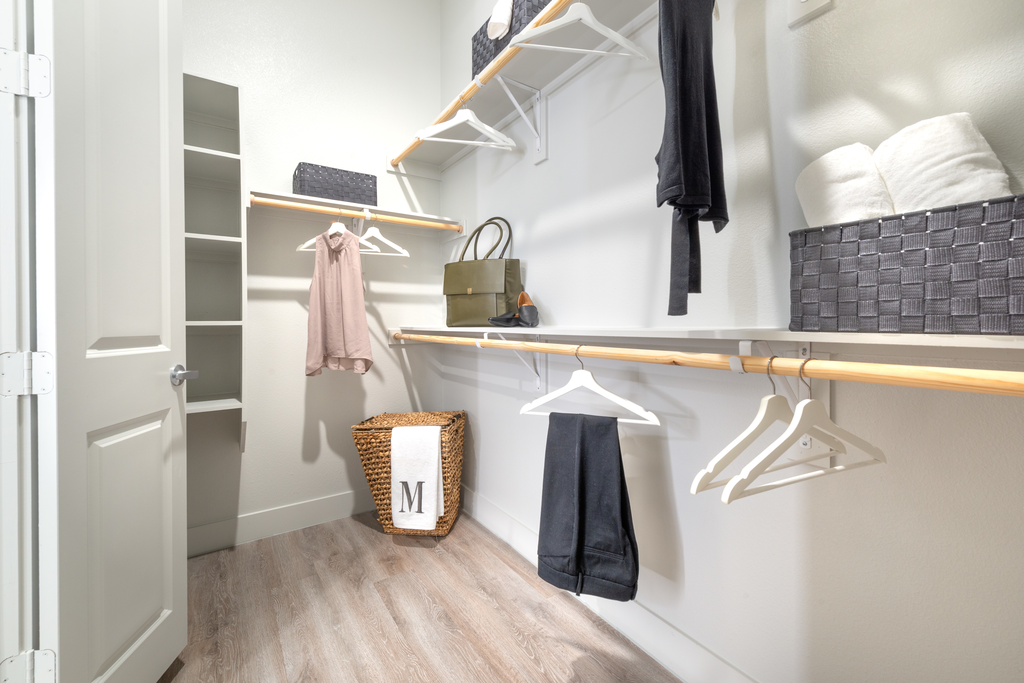 Staged walk in closet with carpet, custom shelves, hangers and baskets