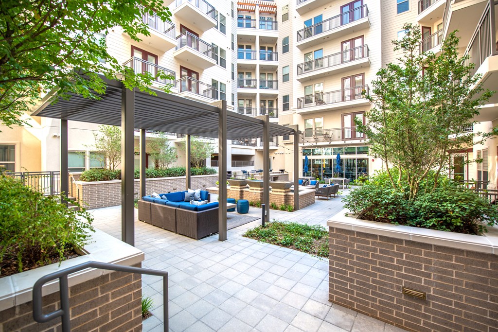 Outdoor seating area facing the exterior of the building