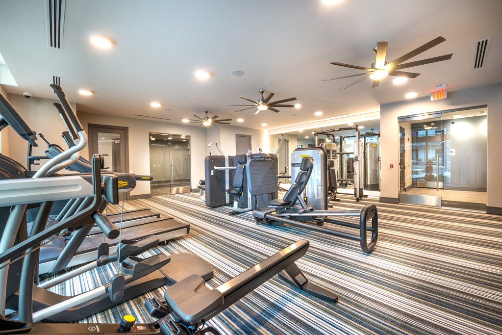 Fitness center area facing varying kinds of work out equipment.