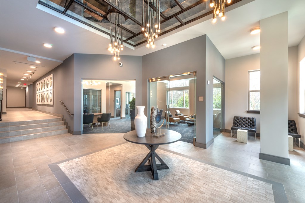 Leasing office facing the sitting area and decorative lighting next to the window