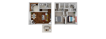 A floor plan of a two-bedroom apartment with a kitchen and living room.