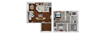 A floor plan of a two-story apartment with a living room, kitchen, and bedrooms.