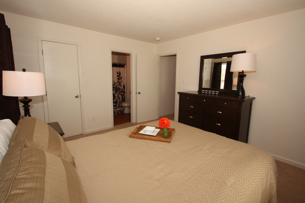 The furnished master bedroom is carpeted throughout with direct access to the bathroom. There is a queen size bed with tan comforter and matching pillows, a large dark wooden dresser with a lamp and mirror, and a matching nightstand with a lamp on top.