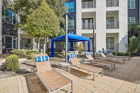 A sunny day at the pool with chairs and a canopy.