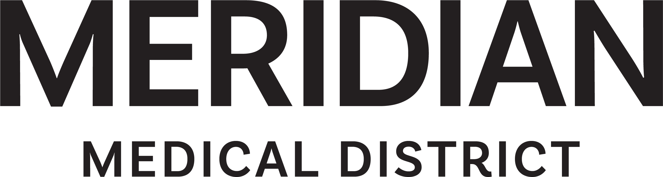 A green sign with the words "MERIDIAN MEDICAL DISTRICT" written in black.