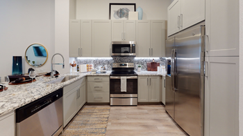 Staged kitchen with granite countertops, stainless appliances, taupe cabinetry, goose neck faucet and rug