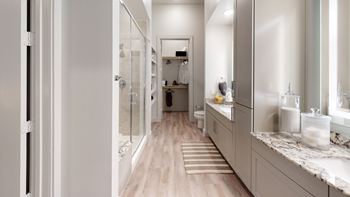 Staged bathroom with wood style flooring, dual vanities, taupe cabinetry, granite countertops, walk in shower built in shelves, direct entry to walk in closet and custom lighted vanity mirrors - Photo Gallery 54