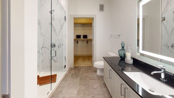 Bathroom facing walk-in closet, stand in shower, and lighted mirror with black quartz countertops. - Photo Gallery 46