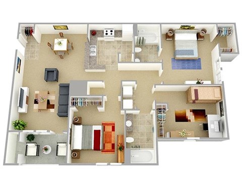 3 Bed 2 Bath Floor Plan at Parkview Apartments, Huntersville, 28078