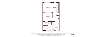 A floor plan of an apartment with a living room, kitchen, bath, and bedroom.