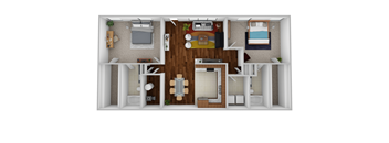 A top-down view of a small apartment with a kitchen, living room, and bathroom.