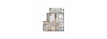 A floor plan of a house with a living room, kitchen, dining room, bedroom, and bathroom.