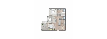 A floor plan of a house with a living room, dining room, kitchen, and bedrooms.