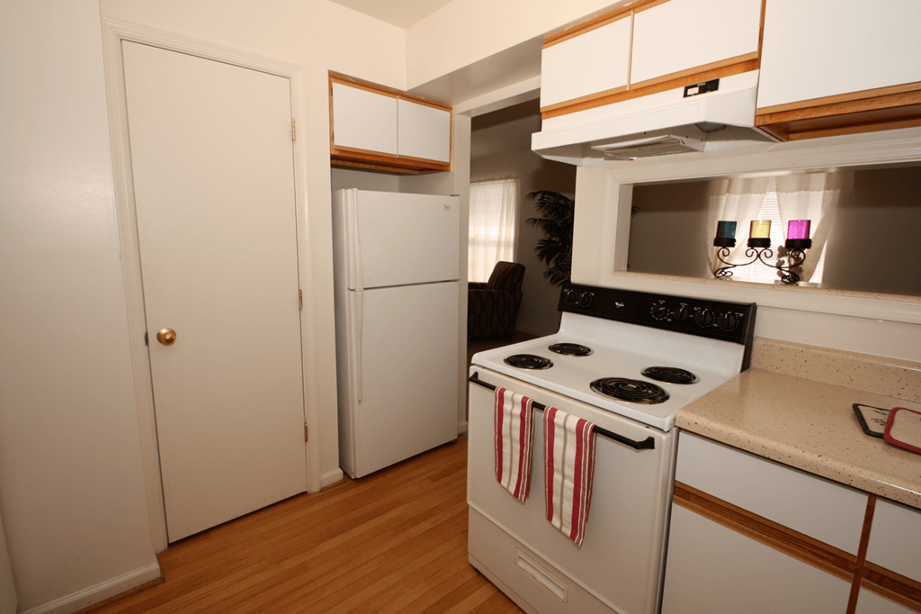 Kitchen with stove and refrigerator next to a closed pantry door.