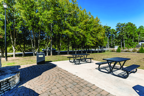 A park with picnic tables and benches surrounded by trees.