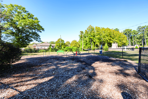 A gravel area with trees and a fence in the background.