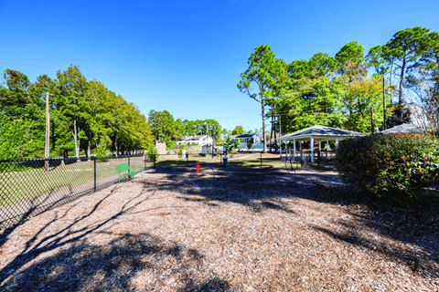 A park with a gravel path and a fence on the left side.