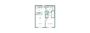 A floor plan of a house with a living room, dining room, kitchen, and two bedrooms.