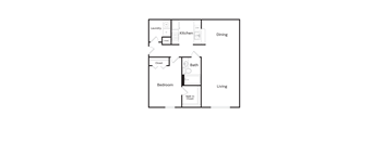 A floor plan of a small apartment with a bedroom, living room, kitchen, and bathroom.