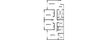 A floor plan of a house with three bedrooms and a dining area.