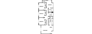 A floor plan of a house with four bedrooms, a living room, a dining area, a kitchen, and two bathrooms.