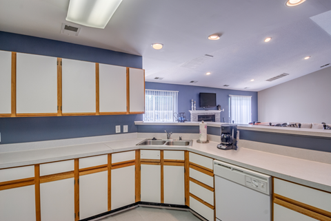 a kitchen with white cabinets and a sink and a dishwasher