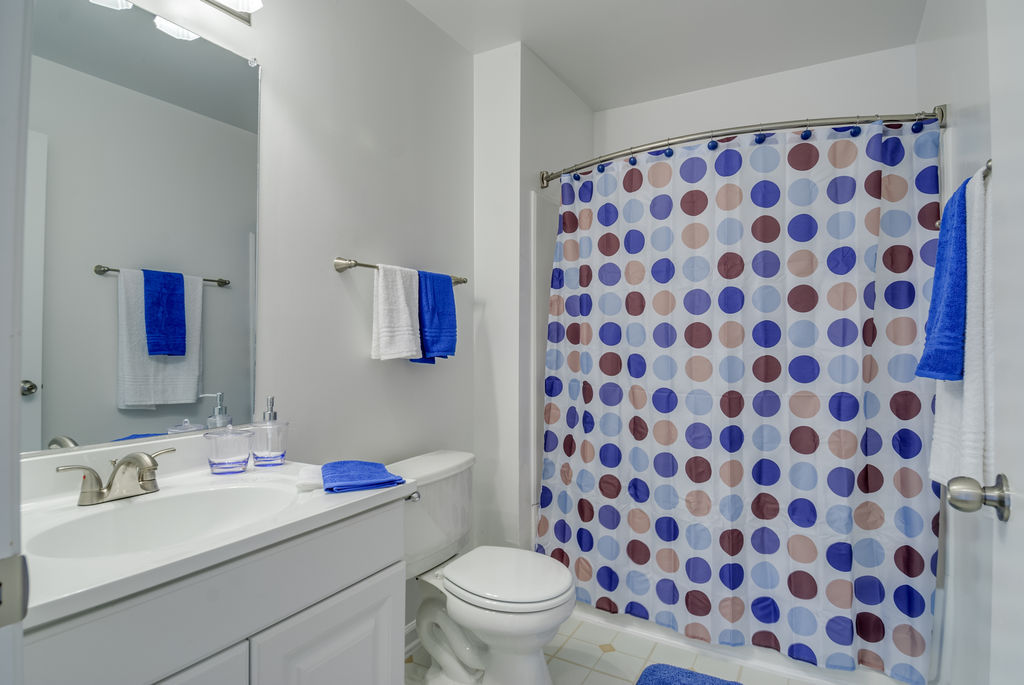 The bathroom has linoleum flooring and is equipped with a mounted mirror, single sink with storage underneath, one toilet and a shower/tub combo. This furnished bathroom has a blue bathmat, blue and white accent towels, and a blue, white, pink and red shower curtain.