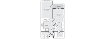 A floor plan of a small apartment with a living room, bedroom, kitchen, and bathroom.