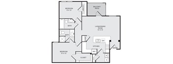 A floor plan of a house with two bathrooms, a living room, a kitchen, and three bedrooms.