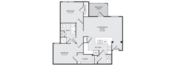 A floor plan of a house with two bedrooms, a living/dining room, a kitchen, a bathroom, and a balcony/patio.