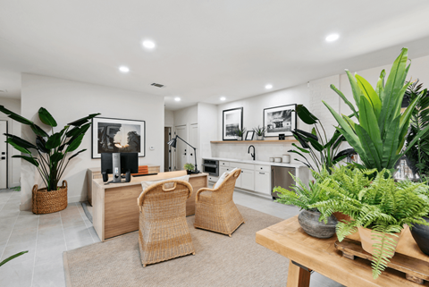A modern living room with a kitchen in the background, a dining table with chairs, and potted plants.