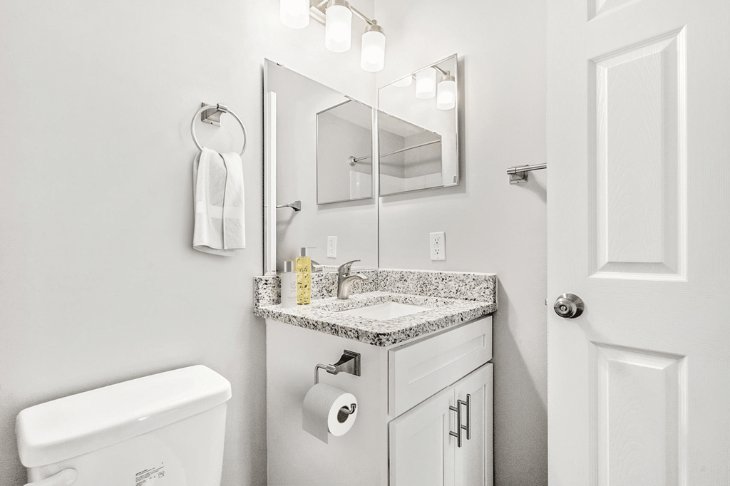 A white bathroom with a toilet, sink, mirror and light at Paces Pointe Apartment Homes, Matthews, 28105