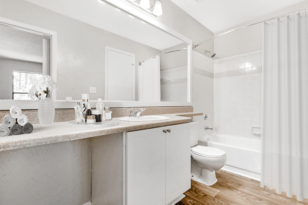 A white bathroom with a toilet, sink, and mirror at Paces Pointe Apartment Homes, Matthews, 28105