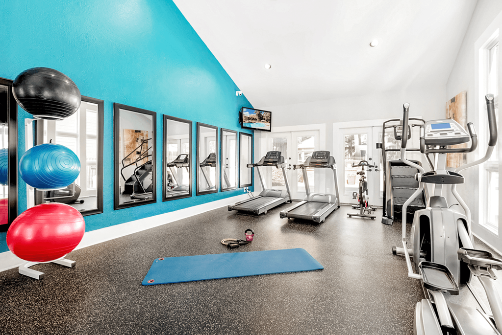 A gym with a blue wall and a red ball at Paces Pointe Apartment Homes, Matthews