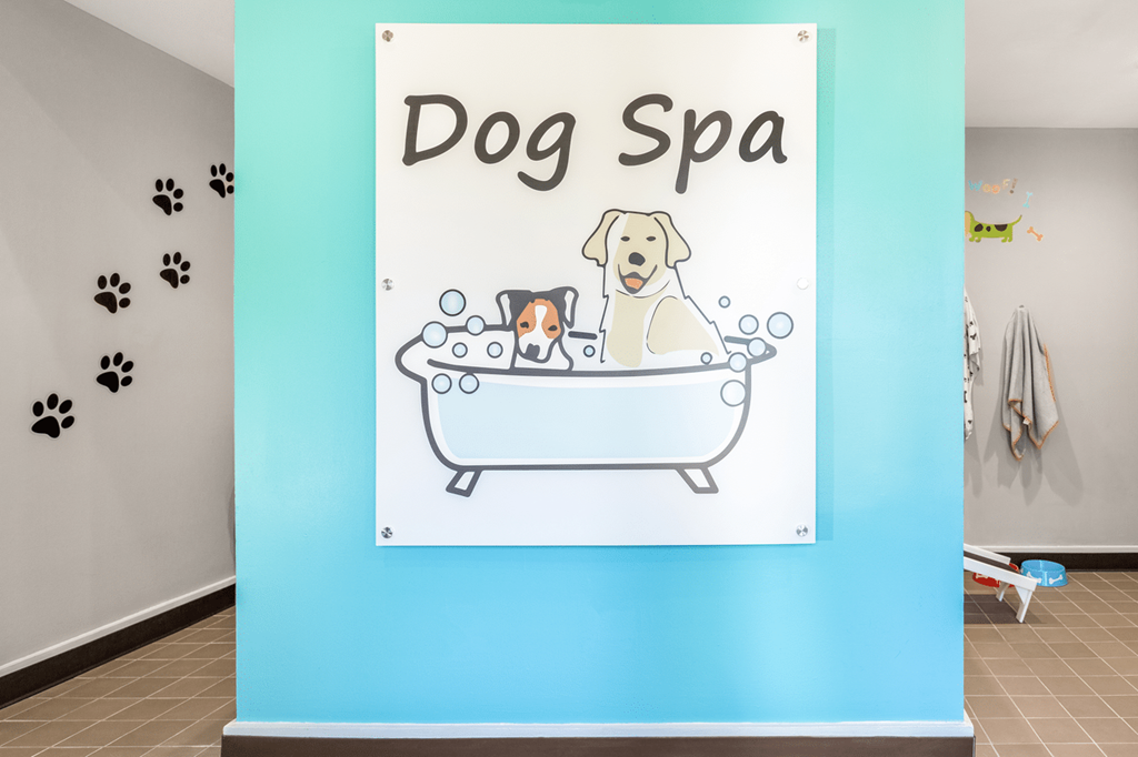 A poster of a dog taking a bath in a tub with the words at Paces Pointe Apartment Homes, North Carolina, 28105