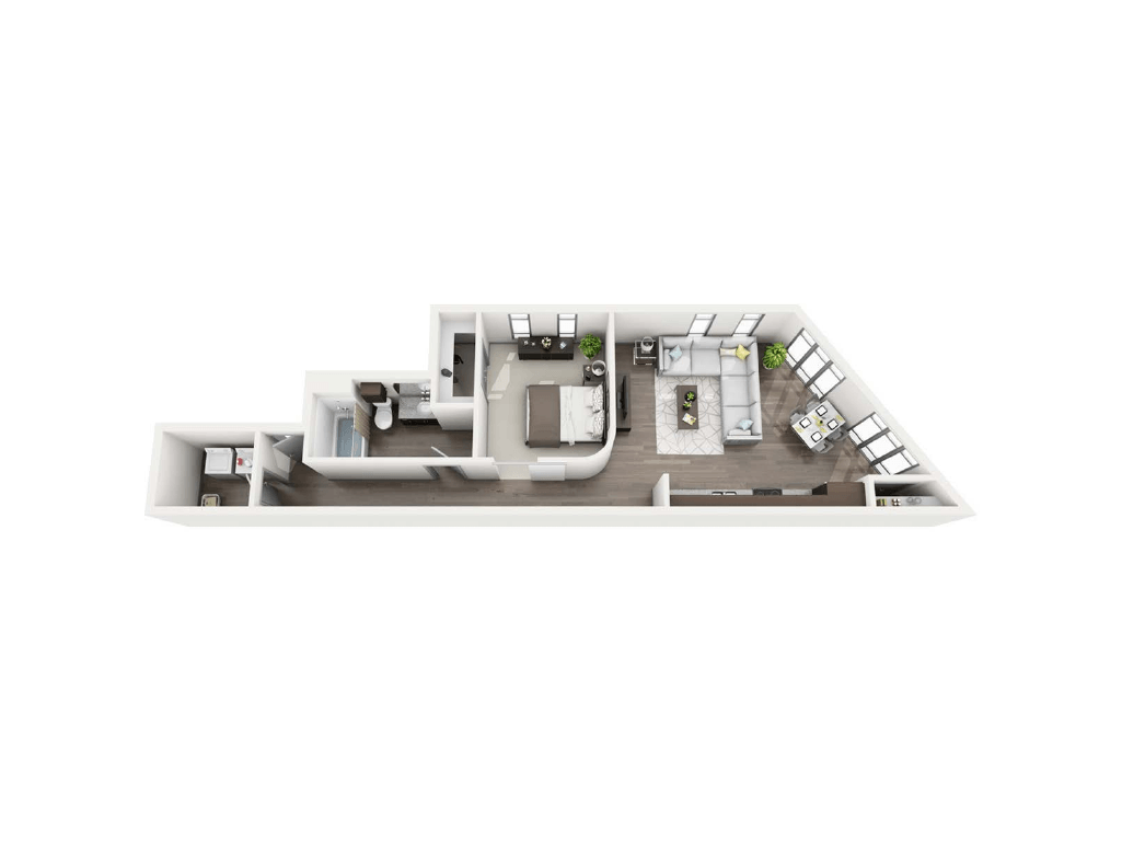 a stylized floor plan of a small apartment with a bedroom and a living room