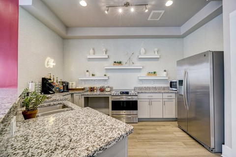 A kitchen with a granite countertop and stainless steel appliances.