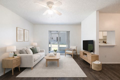 A living room with a couch, coffee table, and television.