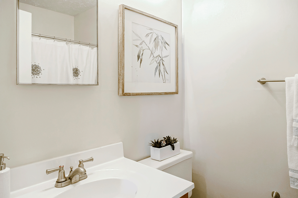 a bathroom with a sink and a mirror and a toilet at Patriot Point Apartment Homes, Spring Lake, NC 28390
