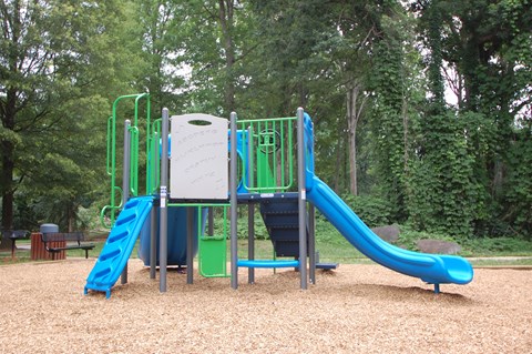Playground jungle gym and playground slides in a bed of mulch