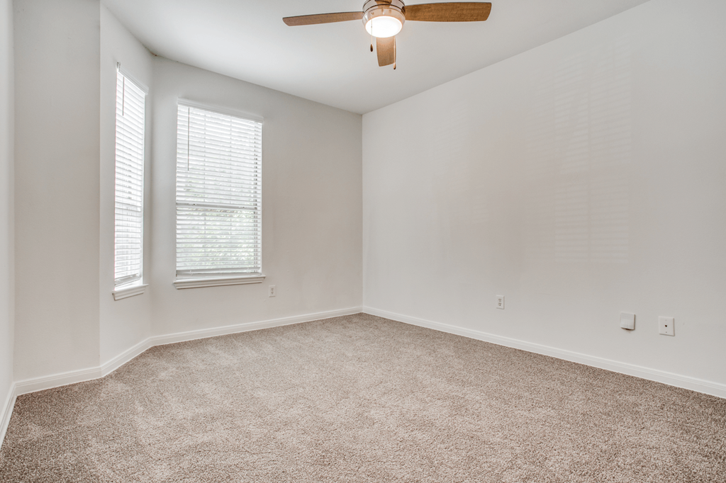 a bedroom with two windows and a ceiling fan