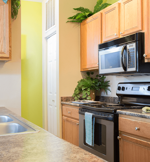 a kitchen with a black stove top oven next to a sink and a microwave