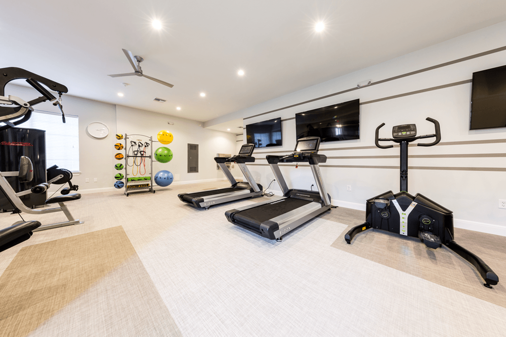 a home gym with treadmills and a flat screen tv