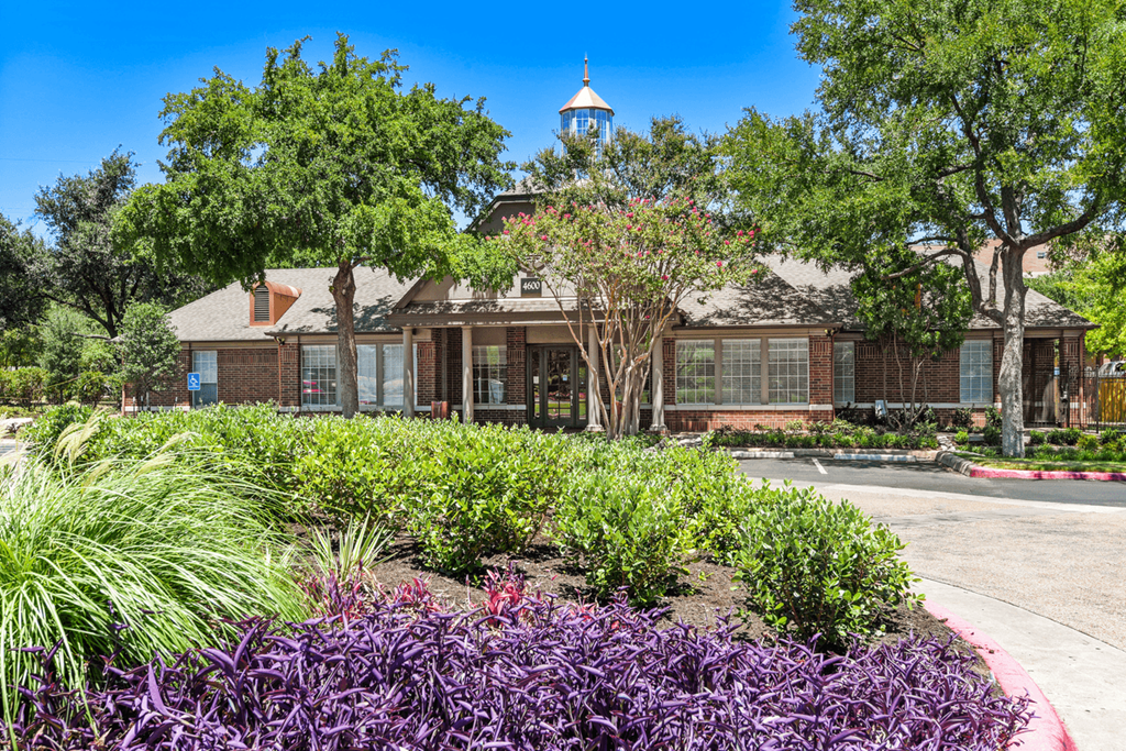 a building with trees and purple flowers in front of it