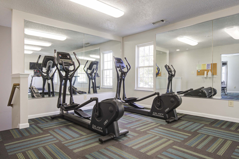 A gym with treadmills and elliptical machines.