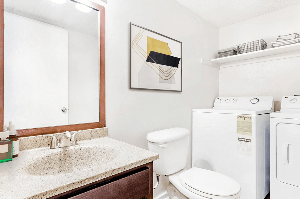 A bathroom with a toilet, sink, and a picture on the wall at Regency Park Apartment Homes, North Carolina, 27616